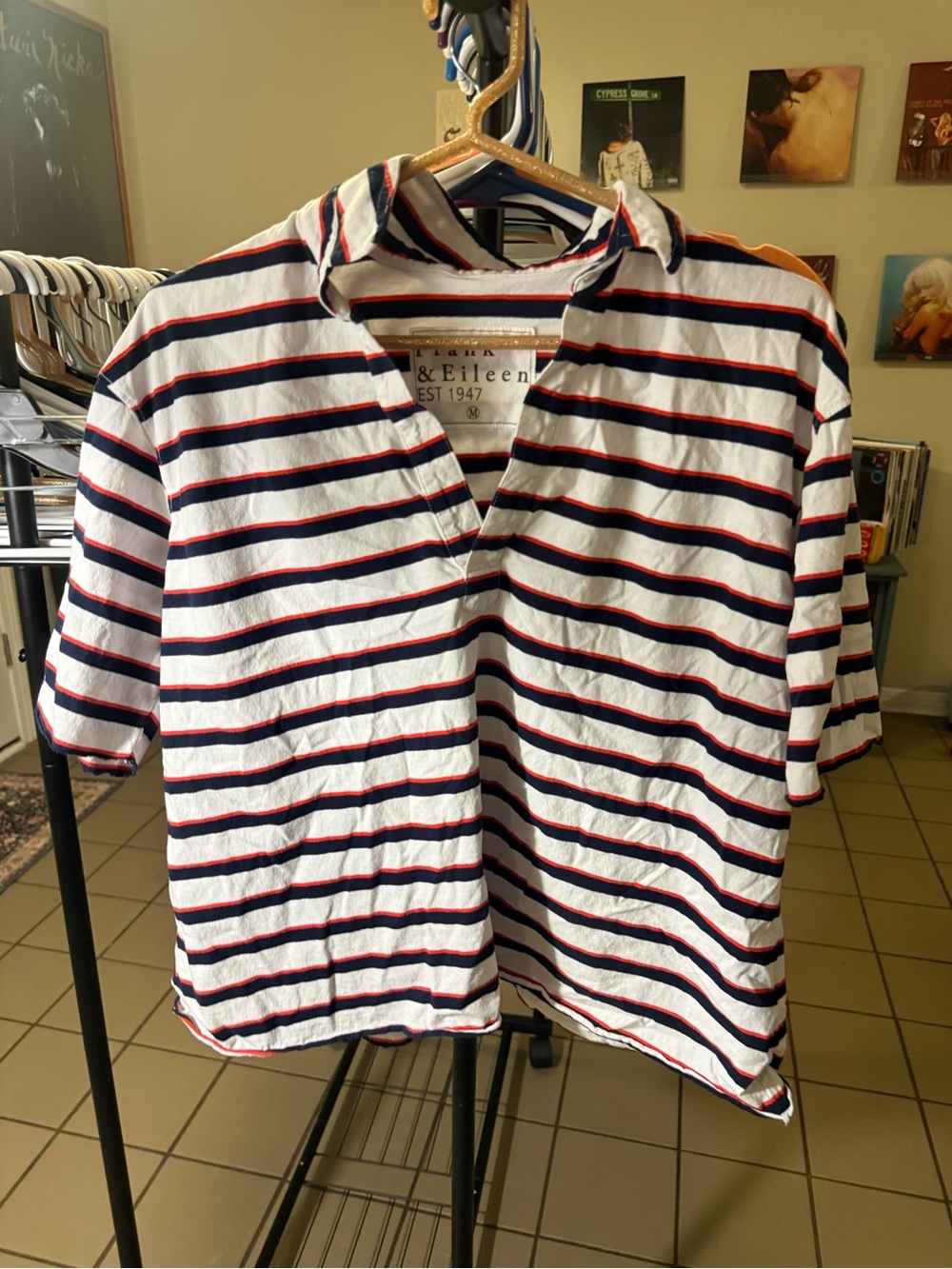 Frank & Eileen White Polo Top with Navy & Red Stripes